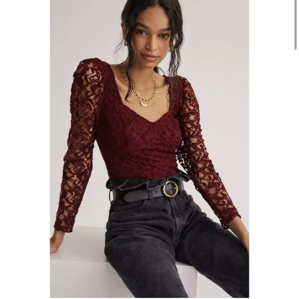 🎀ANTHROPOLOGIE wine sweetheart neckline lace burgundy long sleeve top new small